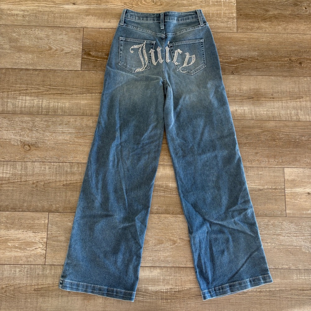 Juicy Couture‎ Wide Leg Jeans Women 1/25 Rhinestone Back Logo High Rise Denim